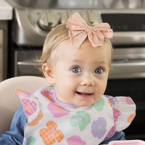 Image of Tiny Twinkle Mess Proof Baby Bib for Girls | Waterproof Toddler Bib for Eating | Baby Apron for Feeding | Machine Washable | Perfect Shower Gift (Floral Pop, 6-24M)