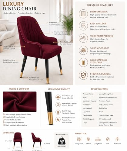 Image of 6-Seater Dining Table with Nano Composite Marble Top and PVC Golden Wooden Base |2yr Warranty - Includes 6 Fabric Upholstered Chairs (Maroon, White Marble Top)
