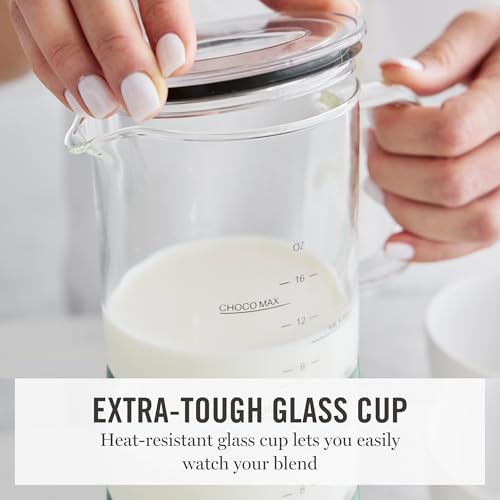 Image of Martha Stewart Milk Frother and Steamer, 10oz /300ml Glass Cup, 4 Presets (Cold Foam, Light, Dense & Hot Chocolate), Ready in 90 Seconds, Cordless Pouring, One-Touch for Hot and Cold Milk, Honeydew