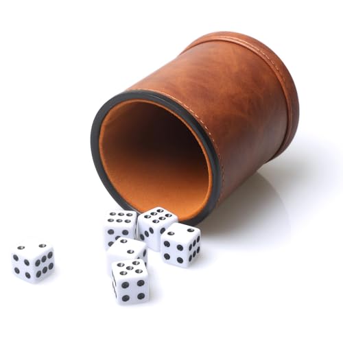 RERIVER Brown PU Leather Dice Cup Set Felt Lined Dice Shaker with 6 Dice for Liars Farkle Yahtzee Game