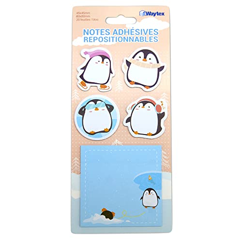 WAYTEX 931666 Haftnotizen, wiederverwendbar, Motiv: niedliche Tiere, auf Ständer, 4 Mini-Blöcke in Pinguin-Form und 1 quadratischer Block 8 x 8 cm, Pinguin, 100 Stück