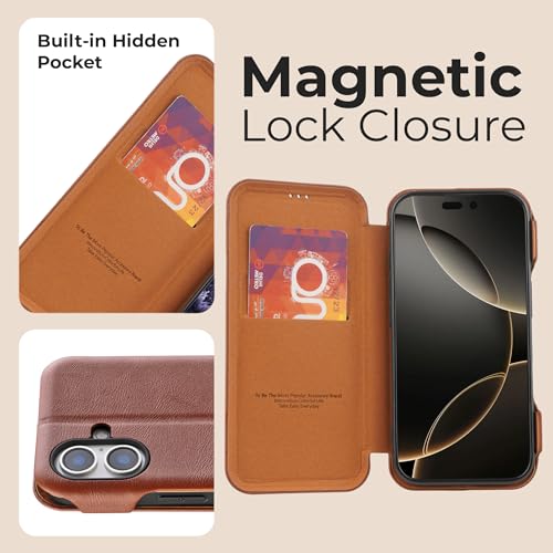 Image of PULOKA - Sleek Flip Case- Compatible for iPhone 16 Plus- Premium Vegan Leather Phone Cover with Card Slot - Slim, Durable, Privacy Protection - Kickstand Function - Elegant Flip Wallet Cases- (Brown)
