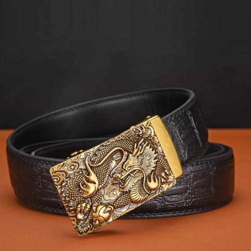Men Ratchet Crocodile Pattern Embossed Belt with Dragon Rectangle Sculpture Automatic Buckle Handmade Black Strap2