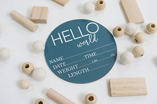 Image of Baby Announcement Sign for Newborn Boys and Girls (Color Bases) - Hello World Nursery Decor Sign & Photo Prop for Babies Made of Birch Wood - 6 inch Circle Board (Blue)