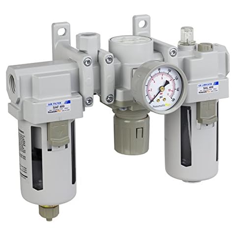 PneumaticPlus SAU400A-N04G - Dual Air System 1/2" NPT - Compressed Air Filter, Pressure Regulator & Lubricator w/Additional Free Air Port 3/8" NPT - Manual Drain, Poly Bowl Cover