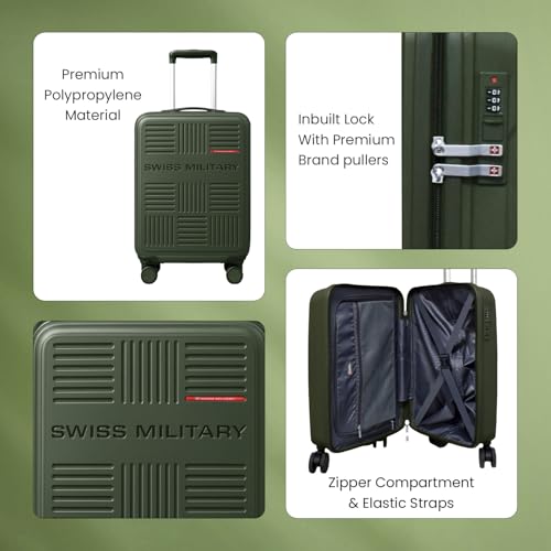 Image of SWISS MILITARY Polypropylene Spectrakey 8 Wheels 55cm Cabin Size Trolley Luggage, Hard Case 360 Rotatable Wheels, Anti Theft Zipper & Number Lock Suitcase for Travel, Men & Women, Small Olive 40L