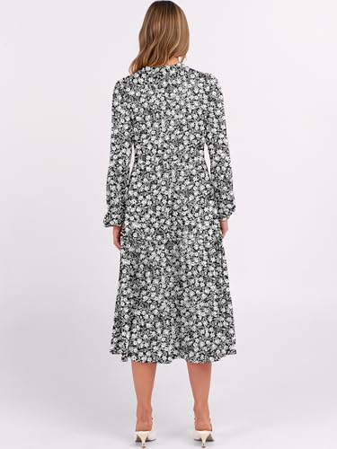 Image of ANRABESS Women's Long Lantern Sleeve Floral Midi Dresses 2026 Fall V Neck Casual Flowy A-line Tiered Boho Vacation Dress