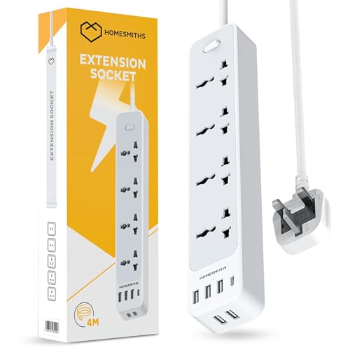 Homesmiths 4 Way Extension Socket 4M with 5 USB-C & 1 USB-A Fast Charging Ports Heavy Duty Power Extension Cord Universal Multi Plug Surge Protector UK 3-Pin Fireproof Power Strip for Home Office