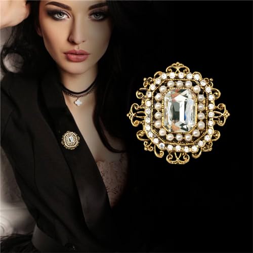 Image of WCRAZYE Antique Rhinestone Brooch Pin for Women Girls Gold Tone Vintage Baroque Rectangle Crystal Shell Pearl Boho Victorian Style Brooches Lapel Pins Elegant Wedding Christmas Festival Ornament Jewelry Gift