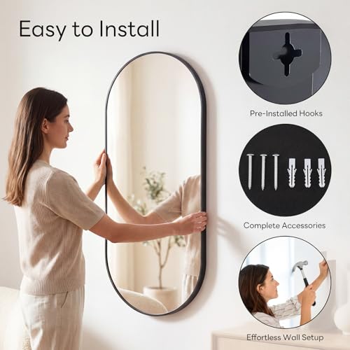Image of Sweetcrispy 24 inch x 48 inch Black Bathroom Mirror for Wall, Oval Wall Mirror with Metal Frame, Tempered Glass, Modern Vanity Mirror for Over Sink, Living Room, Bedroom, Entryway, Horizontal or Vertical
