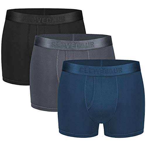 Clevedaur Men's Underwear 3 Pack Lenzing MicroModal Trunks Underwear for Men with Fly, Black/Grey/Navy, L