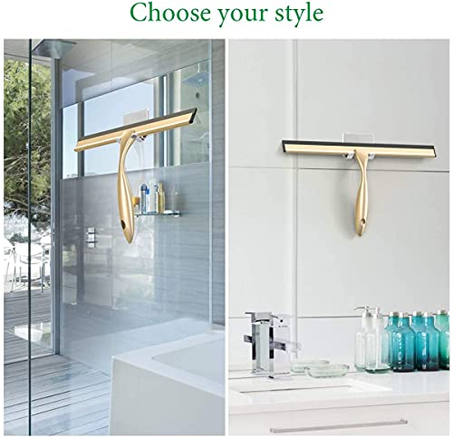 Image of OPERNEE Shower Squeegee with Self Adhesive Hook, 10 Inches Stainless Steel Squeegee Cleaner, All-Purpose Window Scraper for Bathroom Doors, Mirror, Windows and Car Glass, Brushed Gold