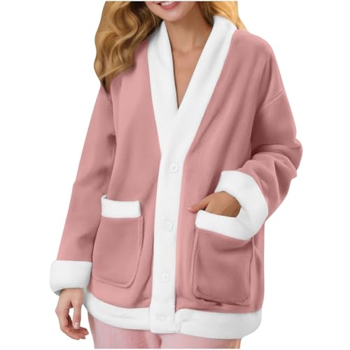 Chaqueta mullida para mujer, chaqueta de forro polar mullido, pijama, cuello en V, botones, manga larga, abrigo de invierno cálido de felpa con bolsillos, ropa exterior de felpa para regalos de