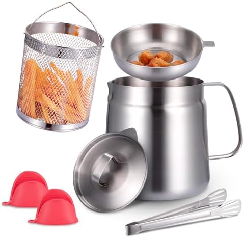 ChimimeDecor Oil Filter Pot, 2L 304 Stainless Steel Fryer Pot with Mesh Strainer and Basket, Includes Silicone Heat Resistant Gripper & Stainless Steel Tongs for Easy Cleaning