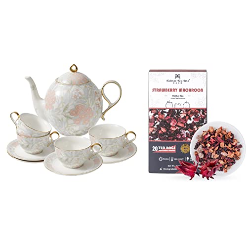 Taimei Teatime Procelain Tea Sets Of 9, Teapot Set(37.2 Oz) With Cup And Saucer Set Of 4 Bundle With Strawberry Hibiscus Herbal Tea Organic Fruit Loose Leaf Tea Bags(20 Pics|80G) #TOP21