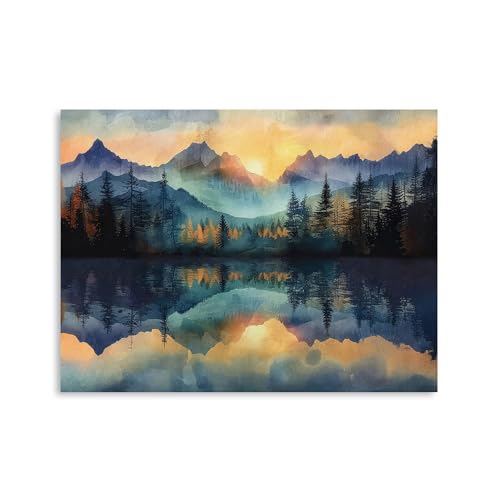 Abstract Mountain Canvas Wall Art: Watercolor Blue Mountain and Golden Sunset Nature Wall Art Landscape Picture Poster Print Wall Decor for Office Bedroom Small Framed 16x12 Inches