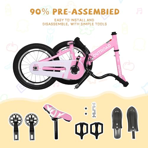Max4out Folding Kids Bike for 3-7 Years Old Boys and Girls 14/16 Inch Foldable Kids' Toddler Bicycles with Flash Lighting Training Wheels and Dual Handbrakes (14 Pink)