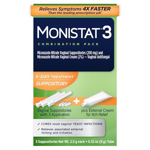 Monistat 3-Day Yeast Infection Treatment for Women, 3 Miconazole Vaginal Suppositories & External Itch Relief Cream (9g Tube) Combo Pack
