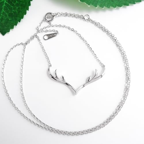 925 Sterling Silver White Gold Plated Fashion Deer Antlers Necklace Pendant 15"-17", WK990072