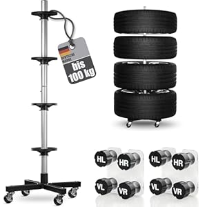 bonsport Felgenbaum für Autoreifen bis 225mm fahrbar - Reifenständer inkl. 8 Reifen Markierer - Reifenbaum mit Rollen belastbar bis 100 kg
