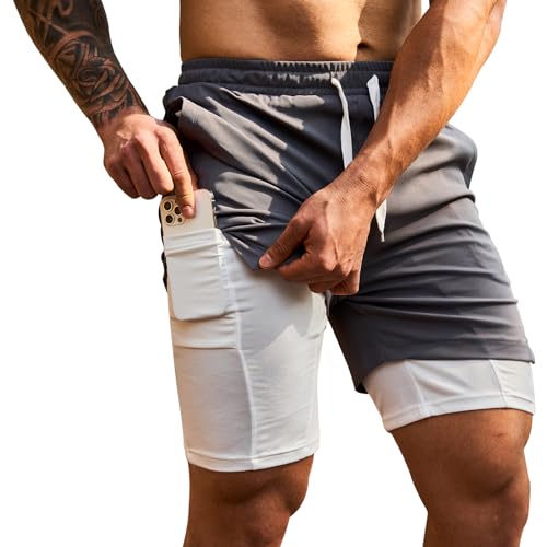 LBL Men's Running Shorts 2 in 1 Gym Training Shorts Quick Dry Sports Shorts Athletic Shorts with Zipper Pockets BS015 Gray L