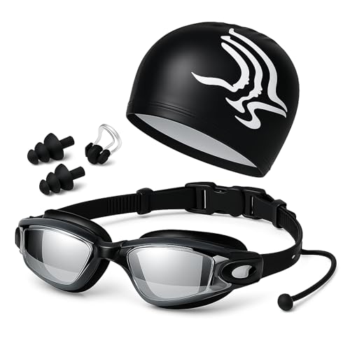 Kit da nuoto 4 in 1 | Occhialini da nuoto – Cuffia – Tappi per le orecchie – Clip per il naso | Comodi lenti regolabili anti appannamento con protezione UV | per adulti o bambini, uomini o donne |