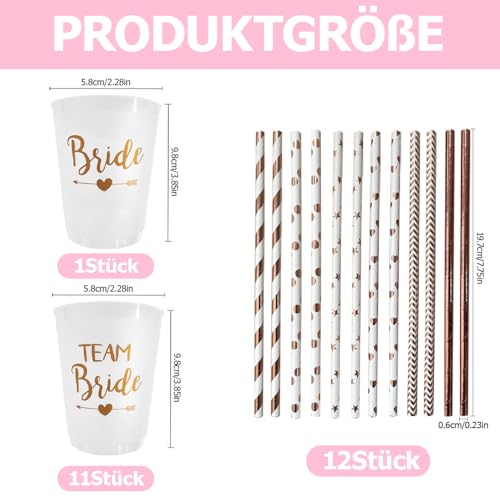 Bachelorette Party Cups, 12 Stück Braut und Team Braut Tassen Mit 12 Strohhalmen, Becher Bride Tribe Cups für Bridal Shower, Verlobungsfeier, Junggesellenabschied Party 9.8 x 5.8 cm (Transparent)