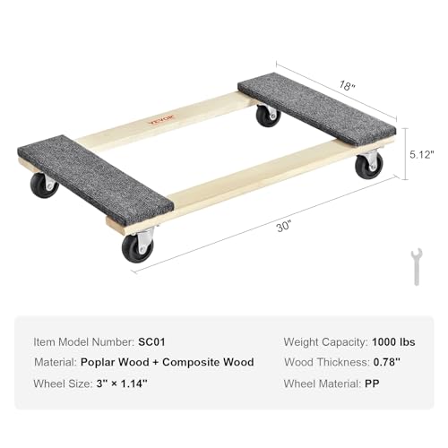 VEVOR Furniture Dolly, 1000 lbs Load Capacity, 18" x 30", 4 x 3" PP Swivel Casters, Heavy Duty Hardwood Furniture Moving Dolly, Mover's Dolly, Moving Cart with Wheels for Heavy Furniture Home Cleaning by VEVOR - Image 7