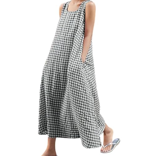 chouyatou Women's Summer Casual Loose-Fit Cotton Plaid Tank Maxi Dress with Pockets Boho Beach Sundress