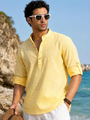 Image of Majestic Man Men's Pure Cotton Solid Mandarin Collar Slim Fit Roll-Up Sleeves Short Kurta Lightweight Summer Kurta for Daily & Occasion Use