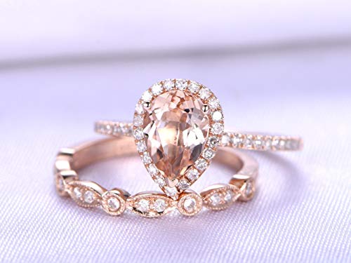 6x8mm Pear Shaped Cut Natural Pink Morganite Jewelry Rings Set,Diamond Halo Thin Band Ring,Half Eternity Diamonds Marquise Milgrain Art Deco Vintage Stackable Matching Promise Propose Band Sets