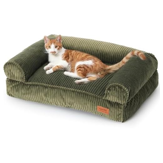FUKUMARU Katzensofa Bett, Corduroy Gemütliches Katzenbett für drinnen mit abnehmbarem waschbarem Bezug, Stützendes Anti-Rutsch Hundebett Sofa für kleine Hunde, 72 x 52 x 22 cm, Mittel, Grün