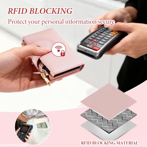 Image of furid Small Card Wallet Women: Rfid Leather Smart Pop Up Wallets, Cherry Pink, minimalist wallet, Bifold | Ladies Mini Card Holder Slim Minimalist with Zipper Coin Pocket ID Window - Gifts for Wife Mother on Anniversary Birthday
