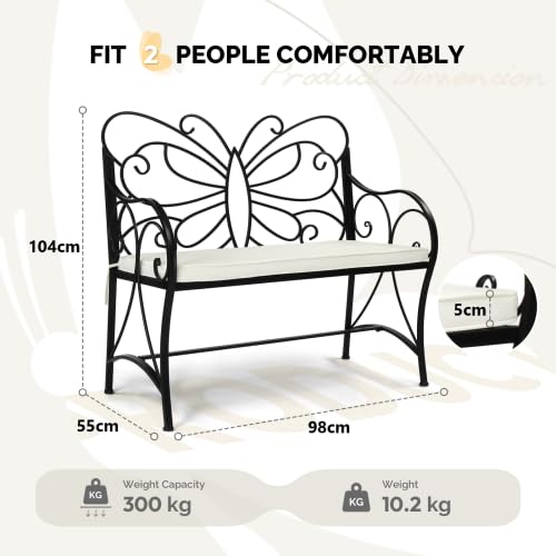 VINGLI Banc de Jardin Décoratif 2 Places en Fer forgé Motif Papillon Noir avec Coussin