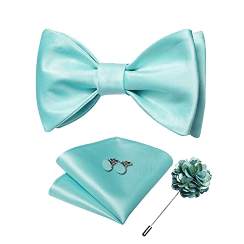 DiBanGu Aqua Green Bow Ties for Men Self-tied Bow Ties Satin Bowtie Pocket Square Lapel Pin Cufflinks Set Wedding Prom