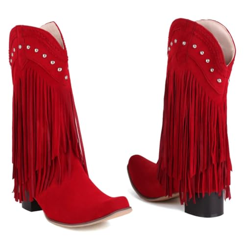 Image of KiutSymo Mid Calf Fringe Boots For Women Cowboy Pointed Toe Chunky Heels Cowgirl Western Tassel Boots