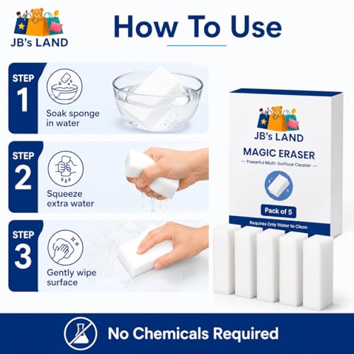 Image of Magic Eraser Sponge | Pack of 5 | No Scratch Multi-Surface Cleaning Sponge | Removes Tough Stains | Just Add Water | for Walls, Kitchen, Bathroom, Shoes, Switch Boards & Utensils