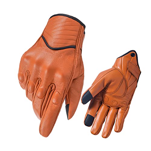 Harssiney Leather Motorcycle Gloves For Men,Riding Driving Biker Racing Motorbike Glove Touchscreen With Hard Knuckle Protection,Light Brown,Size L #TOP5