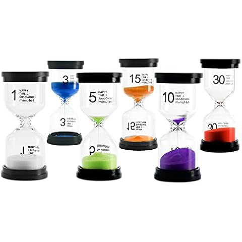 Set of 6 Sand Timers for Children, 1/3/5/10/15/30 Minutes Hourglass Sand Timer for kids, Classroom Game, Kitchen, Home Office Decoration ( 6 Colours ) Cover
