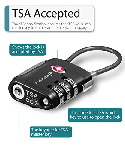 Fosmon Tsa Accepted Cable Luggage Locks, (4 Pack) Re-Settable Easy To Read 3 Digit Combination With Alloy Body And Release Button For Travel Bag, Suit Case & Luggage - Black #TOP1