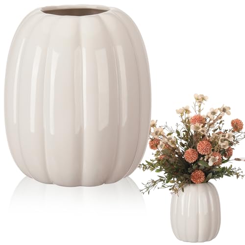 Beeveer 6.7 Inch Ceramic Pumpkin Vase Large Artificial Fake White Pumpkin Flower Vase Decorative Plant Pots for Fall Autumn Halloween Harvest Thanksgiving Farmhouses Home Room Office Decorations