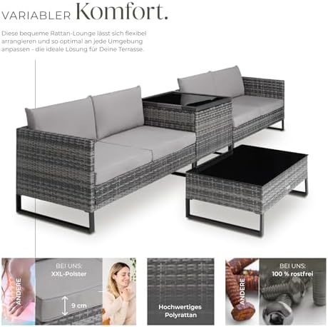 3. Bild von tectake® Poly Rattan Lounge Sitzgruppe, Gartenmöbel Set mit Sofa, Tisch mit Glasplatte, Auflagenbox, Outdoor Kissen wetterfest, Möbel für Garten, Balkon, Terrasse oder Wintergarten - grau