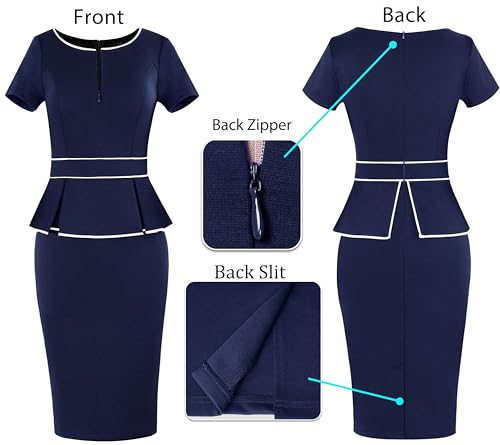 Image of VFSHOW Womens Work Business Office Front Zipper Peplum Bodycon Dresses Elegant Short Sleeve Slim Church Pencil Sheath Dress