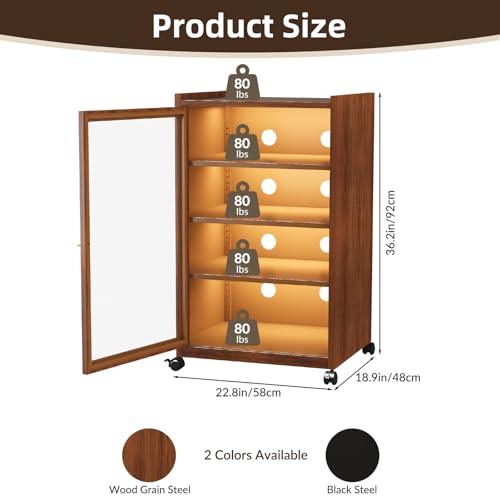 WOOW DEPOT Media Cabinet with 13-Color LED Lights,Metal Stereo Cabinets with Glass Door & Adjustable Shelves, Media Storage Cabinet for Meeting, Living, Gaming, Recording Room, Brown