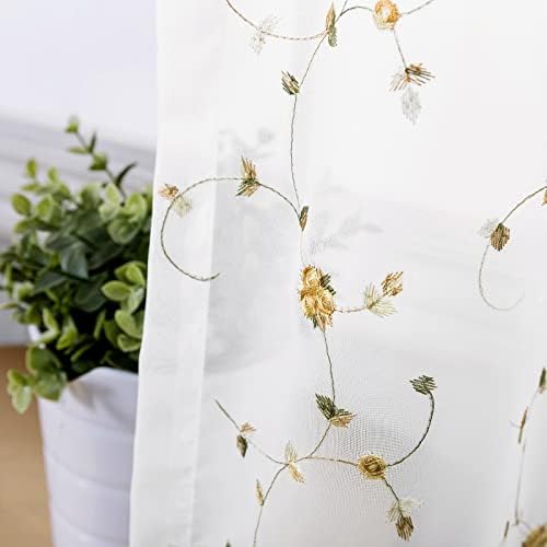 TOPICK Net Kitchen Curtains 24 Inch Drop Short Voile Curtains Floral Embroidered Sheer Rose Cafe Curtains Rustic Style Flower Curtains for Small Window Basement Cupboard 2 Panels Blue on White