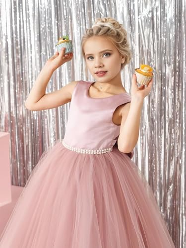V Back Flower Girl Dresses for Wedding Round Neck Pearl First Communion Dresses with Bow2