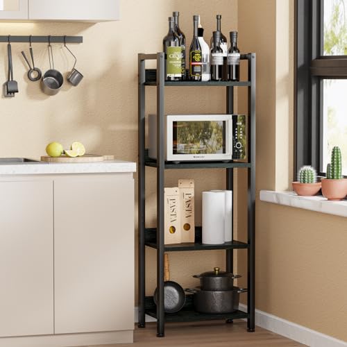 Image of Furologee 4 Tier Bookshelf with Drawer, Small Narrow Bookcase, Wood and Metal Standing Shelf Unit, Industrial Display Storage Shelves Organizer for Bedroom, Living Room, Entryway, Black