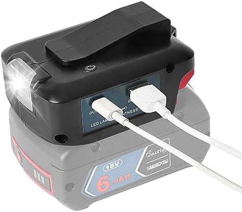 QUPERR USB-Akku-Adapter kompatibel mit Bosch Professional 18V Akku GBA | Mit zwei USB-Ladeanschlüssen, 12V-DC-3A-Ausgang, integrierter LED-Arbeitsleuchte und Gürtelclip (Nur Adapte