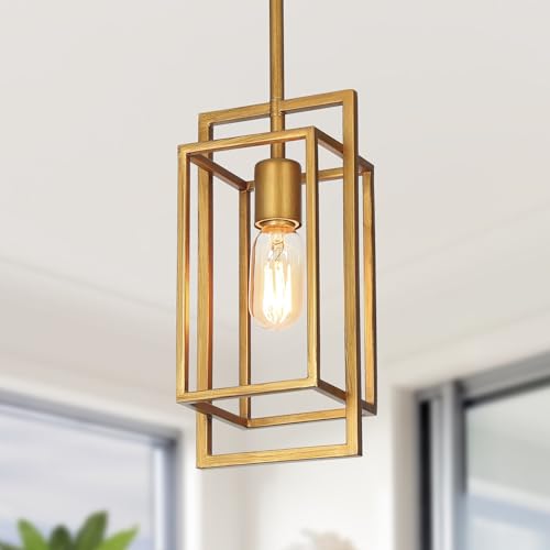 Image of KSANA Antique Gold Pendant Lighting, Modern Golden Geometric Cage Hanging Light Fixture for Kitchen Island, Foyer, Dining Room and Hallway