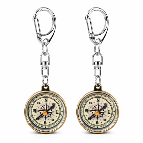 SPYMINNPOO Compass Keyring, 2PCS Portable Mini Pocket Keychain Vintage Zinc Alloy Compact Pocket...